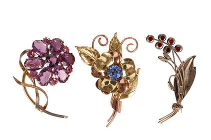 Sterling Vermeil 40s Floral Crystal Brooch 3pc LOT