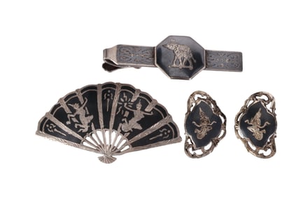Siam 40s Silver Niellowork Brooch Earring Tie Clip