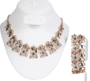 Floral 40s Gold-Plated Crystal Necklace & Bracelet