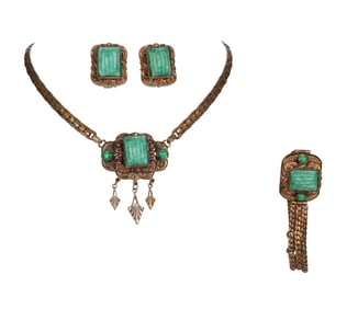 Art Deco 30s Egyptian Revival Peking Glass Parure