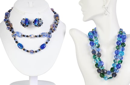 50s Blue Green Art Glass and Crystal Necklaces LOT