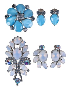 1950s Art Glass and Crystal Brooch Earring SETS