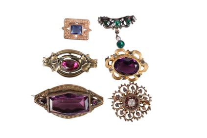 Victorian 1890s Amethyst Emerald Sapphire Brooches