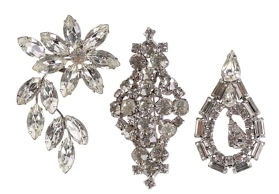 Vintage 1960s Silver Crystal Brooch 3pc ESTATE LOT
