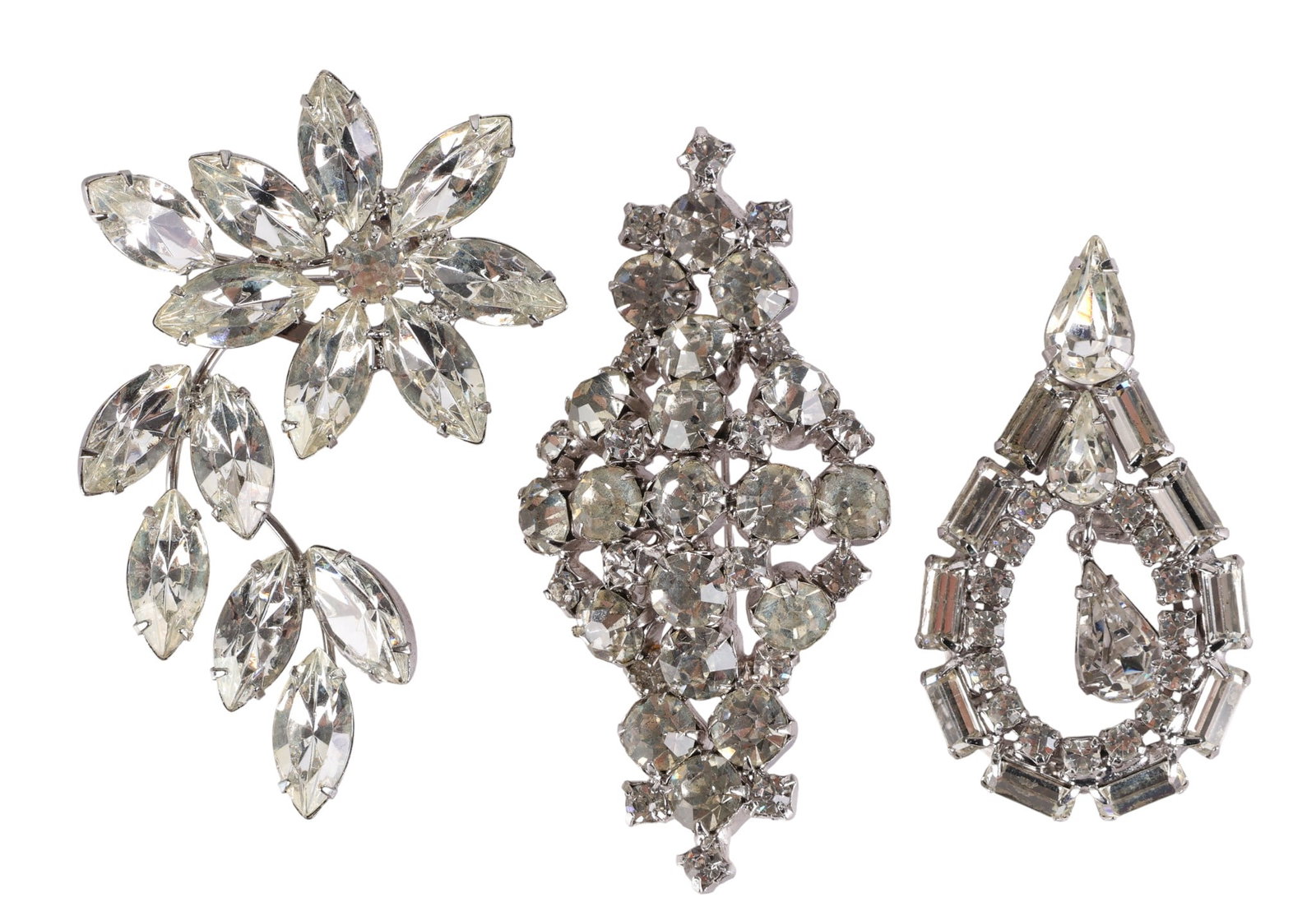 Vintage 1960s Silver Crystal Brooch 3pc ESTATE LOT (1 of 6)