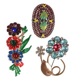 1930s Art Deco Enameled Crystal Floral Brooches