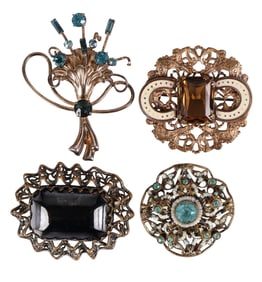 40s Crystal Filigree Vermeil Brooch 4pc ESTATE LOT