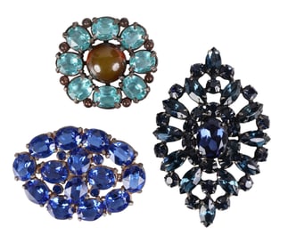 1940s Aqua Sapphire Crystal Brooch 3pc ESTATE LOT