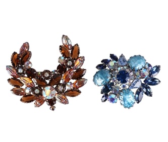 Vintage Art Glass Crystal Brooch 2pc ESTATE LOT