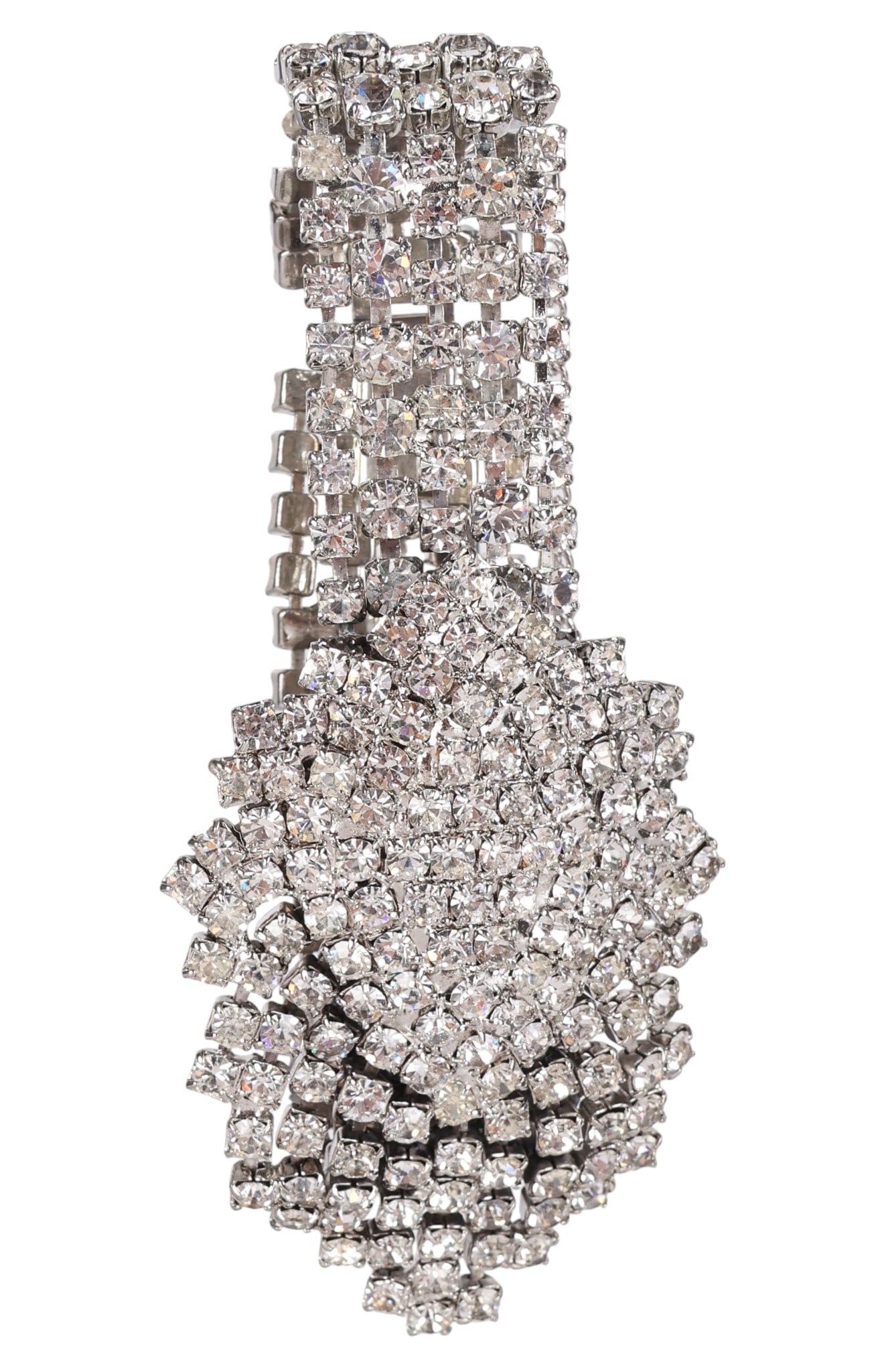 Vintage Weiss Rhodium Crystal Waterfall Bracelet: Vintage Weiss, circa 1950s rhodium-plated crystal bracelet with a five-row linked-box design centered by a large waterfall medallion of clustered and flowing clear crystal stones. Unsigned but verifie