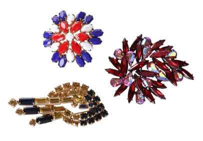 Vintage 1950s Colorful Crystal Milk Glass Brooches