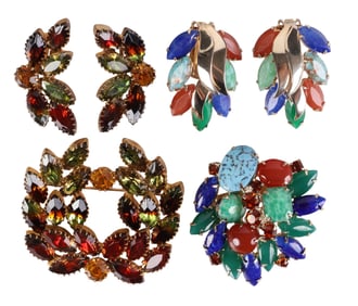 Vintage 50s Art Glass Crystal Brooch Earring SETS