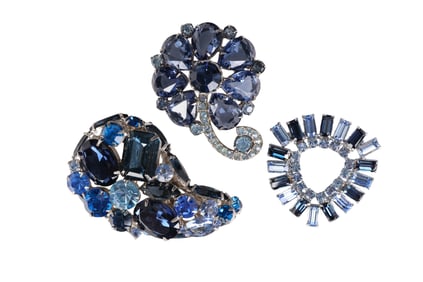 Vintage 50s Sapphire Crystal Brooch 3pc ESTATE LOT