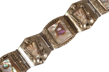 Vintage Mexico Nickel Silver Abalone Link Bracelet