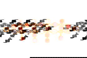 Nina Ricci Paris Vintage Brutalist Link Bracelet: Vintage Nina Ricci Paris 1979 link bracelet composed of etched and smooth square elements featuring pate de verre glass in amber, amethyst, and black. The squares are set on textured bars and connecte