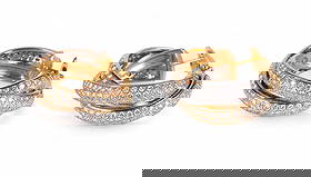 Cartier 18k Gold 2 CTTW Diamond Trinity Earrings: Cartier pair of diamond Trinity earrings crafted in 18k white, yellow, and rose gold. The iconic hoop-style design from Cartiers Trinity collection features three interlocking bands, each pave-set wit