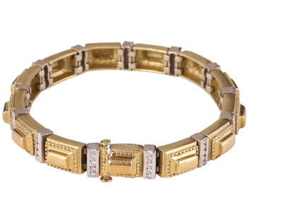 18k Gold 1/3 CT TW Diamond Bar Link Bracelet 35g: Designer-style bracelet crafted of solid 18k gold, featuring a series of rectangular links with fine beaded border detailing. Each gold segment is separated by a white gold connector link channel-set