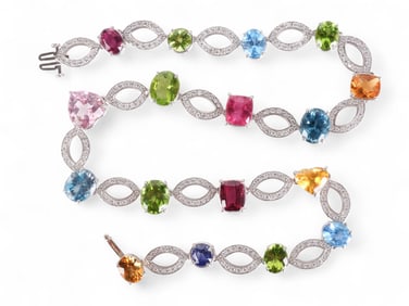 18k Gold Diamond & Colored Gemstone Necklace 60.7g