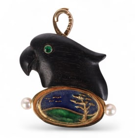 18k Gold A. Kim Carved Ebony Enamel Pearl Pendant