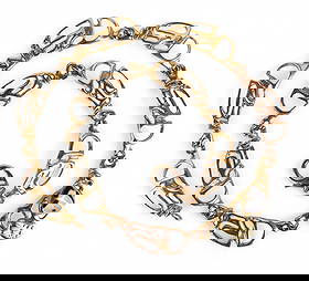 18k Gold A. Kim Enameled Abstract Necklace 62.8g: A. Kim designer abstract ladies' necklace crafted of 18k yellow and rose gold. The center yellow gold link features a bold black enamel accent, framed by sculptural rose gold abstract links and altern