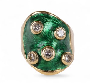 18k Gold A. Kim .5 CTTW Diamond Green Enamel Ring