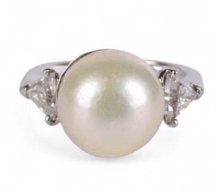 18k White Gold South Sea Pearl Diamond Ring Size 7