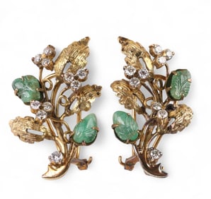 18k Gold .76 CT TW Diamond Carved Emerald Earrings