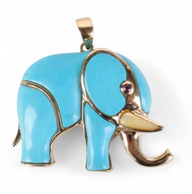 14k Gold Turquoise Inlaid Elephant Pendant Charm
