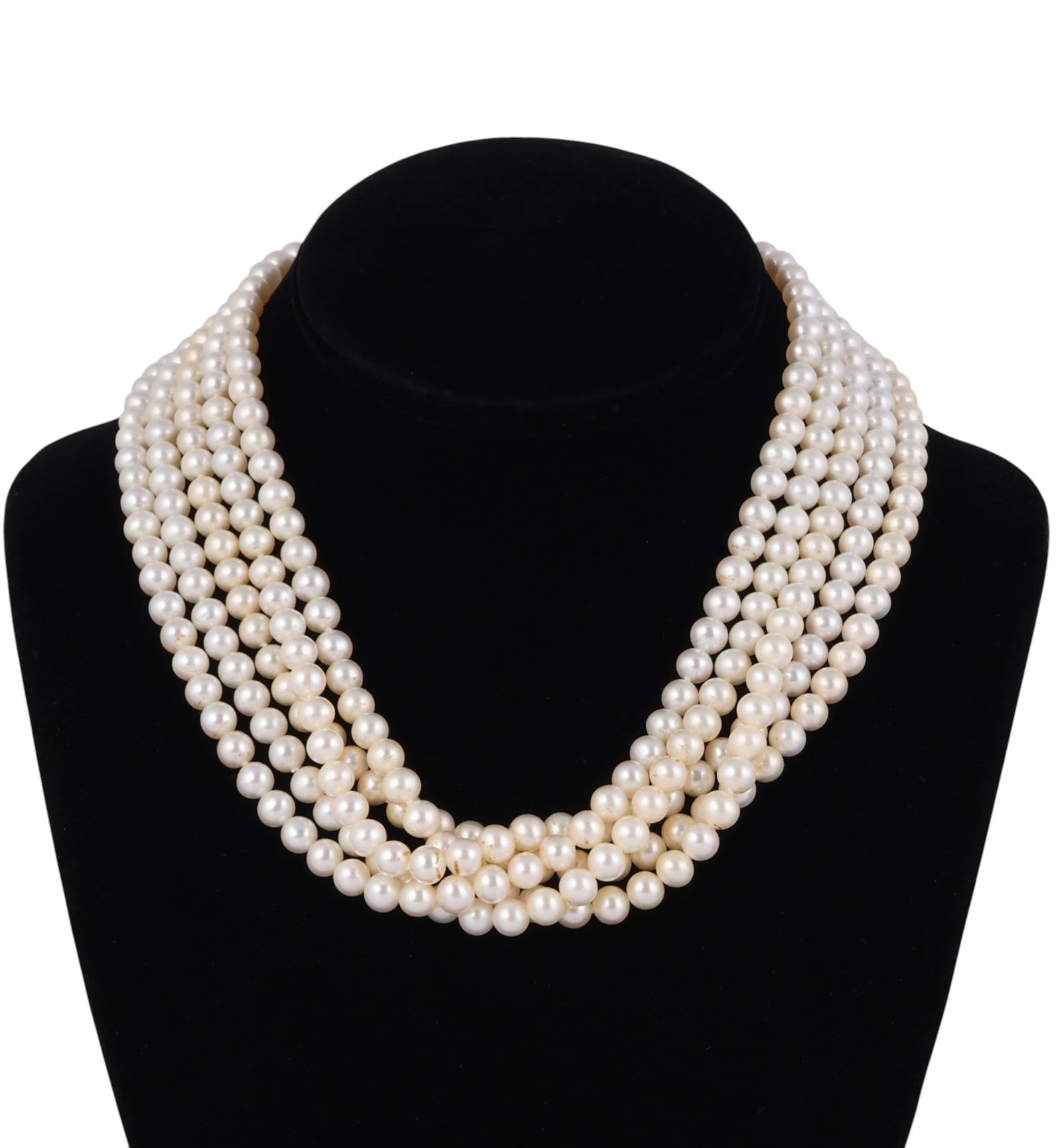 Paloma Picasso for Tiffany & Co Pearl Necklace: Tiffany & Co. multi-strand cultured freshwater pearl necklace designed by Paloma Picasso. The necklace features five strands of cream-colored pearls measuring approximately 6-6.5mm in diameter, each e