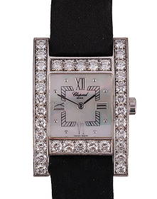 Chopard 18k Gold "H" 3.75 CTTW Diamond Wristwatch: Chopard H wristwatch crafted in solid 18k white gold, featuring a rectangular case set with 34 round brilliant-cut diamonds totaling approximately 3.75 carats. The mother-of-pearl dial is appointed wi