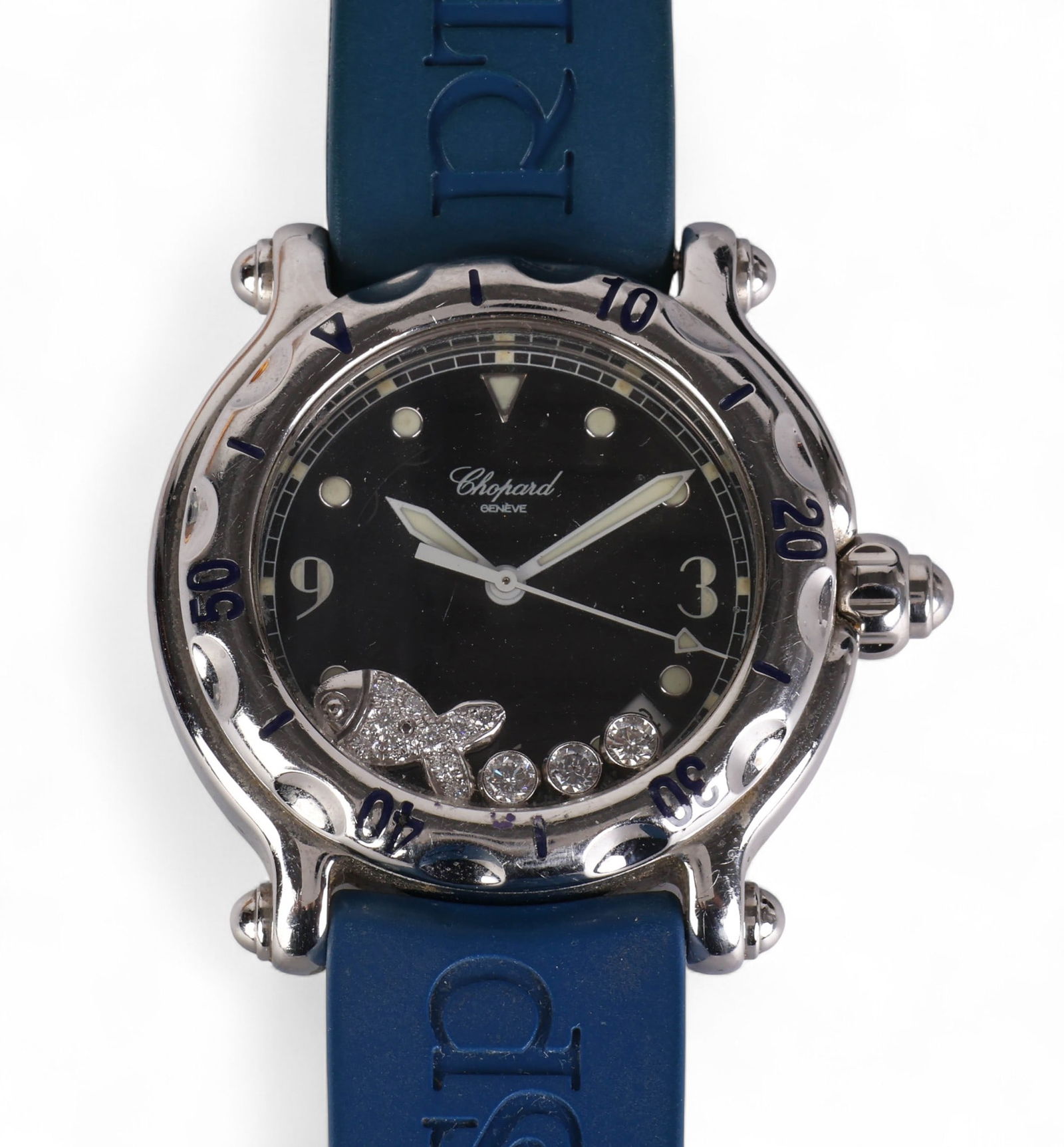 Chopard Happy Fish Diamond 8347 Stainless Watch: Chopard whimsical Happy Fish model wristwatch, reference 8347, crafted in stainless steel. The 38mm case houses a black fish-themed dial decorated with luminous white Arabic numerals, dot hour markers