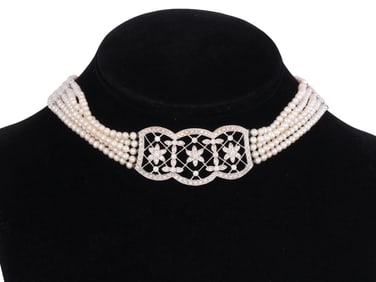 18k White Gold Edwardian Diamond Pearl Necklace