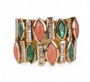 18k Gold 2.8 CTTW Diamond Emerald Coral Ring Sz 8