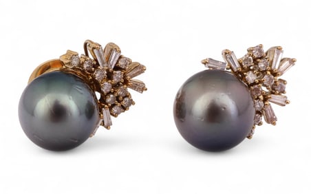14k Gold .76 CT Diamond 12mm Black Pearl Earrings