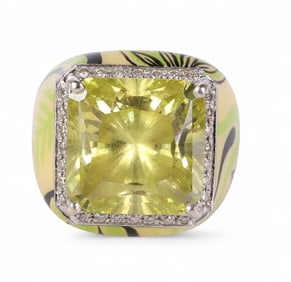 18k Gold Green Enameled Diamond CZ Ring Size 8