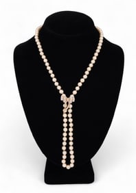 14k Gold .25 CT TW Diamond Bow 6mm Pearl Necklace