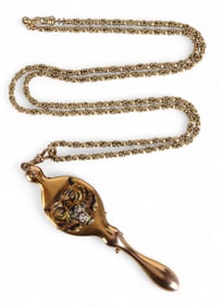 14k Gold Enameled Tiger Diamond Lorgnette Pendant
