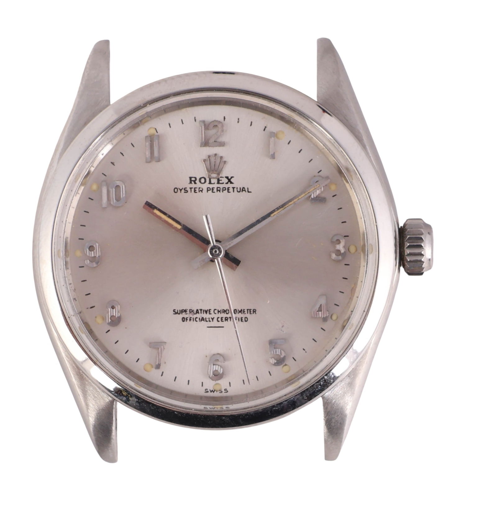 Rolex Ref. 1002 Steel Oyster Case Wristwatch c1963: Rolex stainless steel Oyster Perpetual wristwatch, reference number 1002, serial number 863422, dating to circa 1963. The watch features a silver sunburst dial with diamond-cut embellished Arabic nume