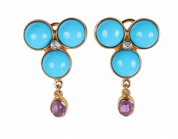 David Stern 18k Gold Turquoise Amethyst Earrings