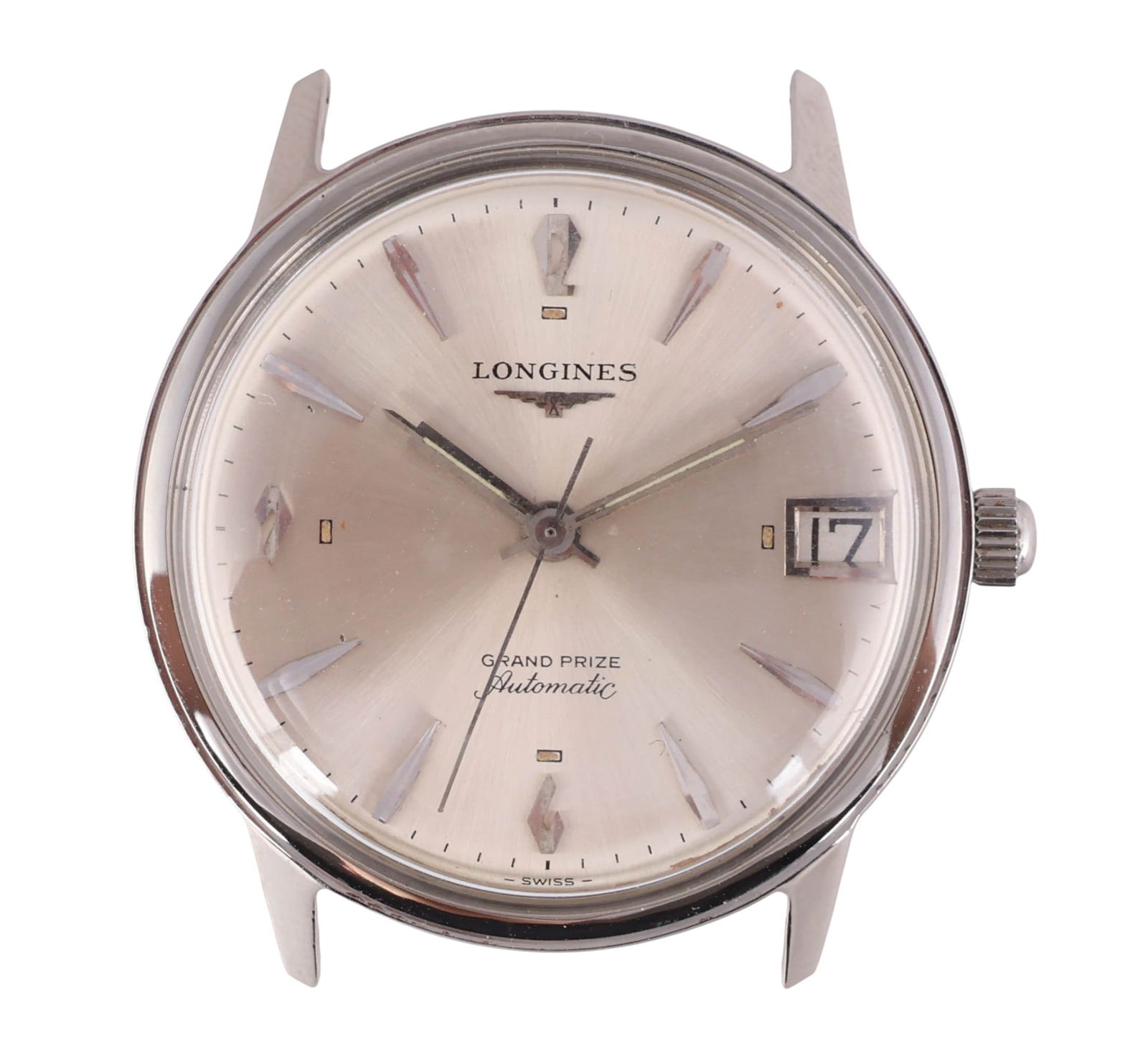 Longines Grand Prize Automatic Steel Wristwatch: Longines vintage Grand Prize automatic wristwatch housed in a polished stainless steel case measuring 34mm in diameter (excluding crown). The silver-tone sunburst dial is signed Longines Grand Prize A