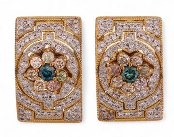 18k Gold 1.8 CT TW Fancy Colored Diamond Earrings.