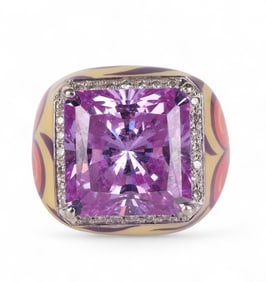 18k Gold Purple Enameled Diamond CZ Ring Size 8