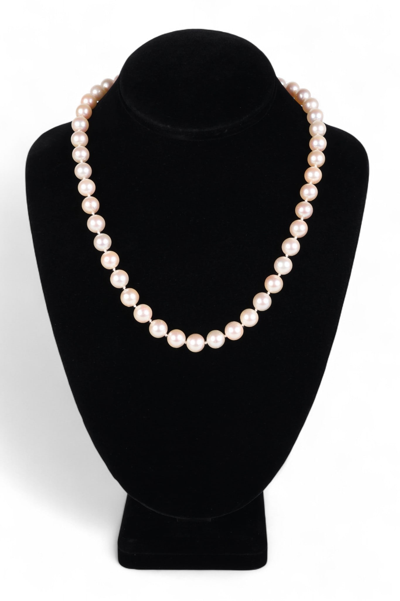18k White Gold 1 CTTW Diamond Akoya Pearl Necklace: Ladies' pearl and diamond necklace composed of forty-five individually knotted round cream white salt water cultured Akoya type pearls, each measuring approximately 9.0 MM and exhibiting good luster a