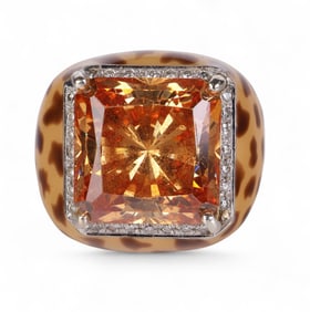 18k Gold Leopard Enameled Diamond CZ Ring Size 8