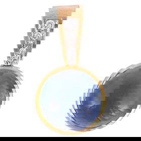 18k Gold David Webb Sapphire Diamond Pendant: David Webb 18k yellow gold pendant featuring a round sapphire cabochon measuring approximately 15mm in a bold bezel setting, displaying a visible asterism. Set above on the heavy gold bail are five ro