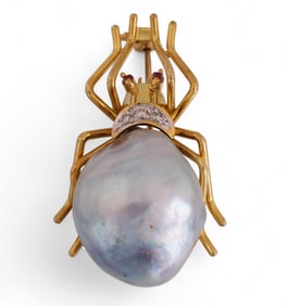 18k Gold Baroque Pearl Diamond Ruby Spider Brooch