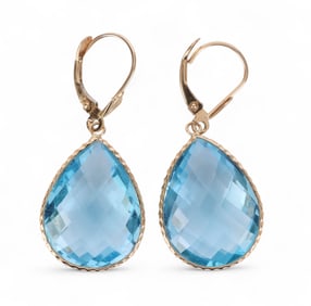 14k Gold Pair Pear Shape Blue Topaz Drop Earrings