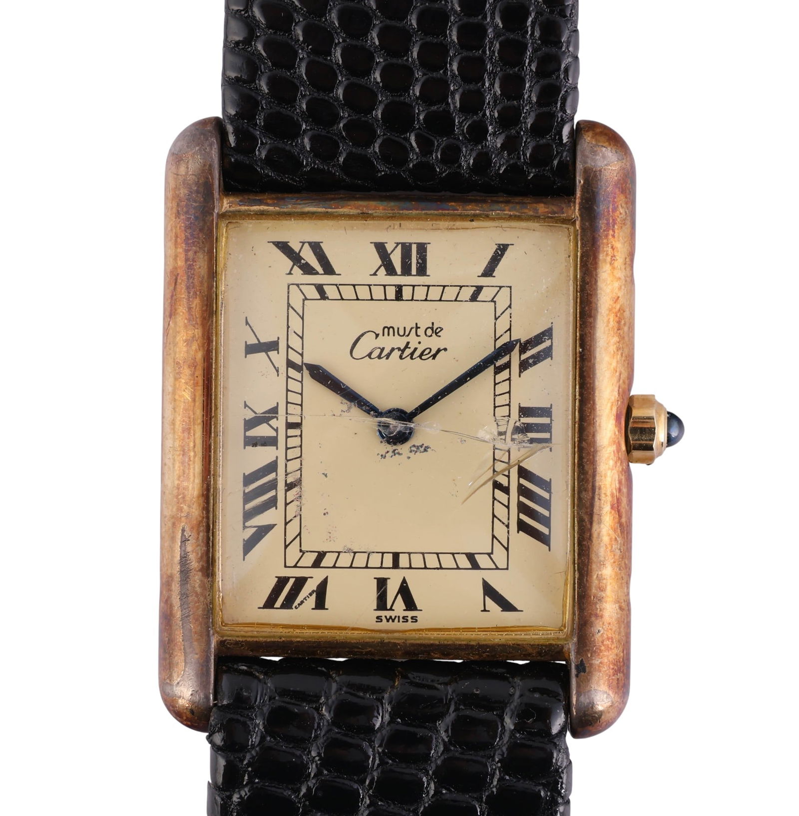 Must de Cartier Tank Gold-Plated Sterling Silver: Must de Cartier classic Tank wristwatch featuring a gold-plated sterling silver (vermeil) case measuring 23.5mm wide (excluding crown). The cream enamel dial is signed "Cartier" and features tradition