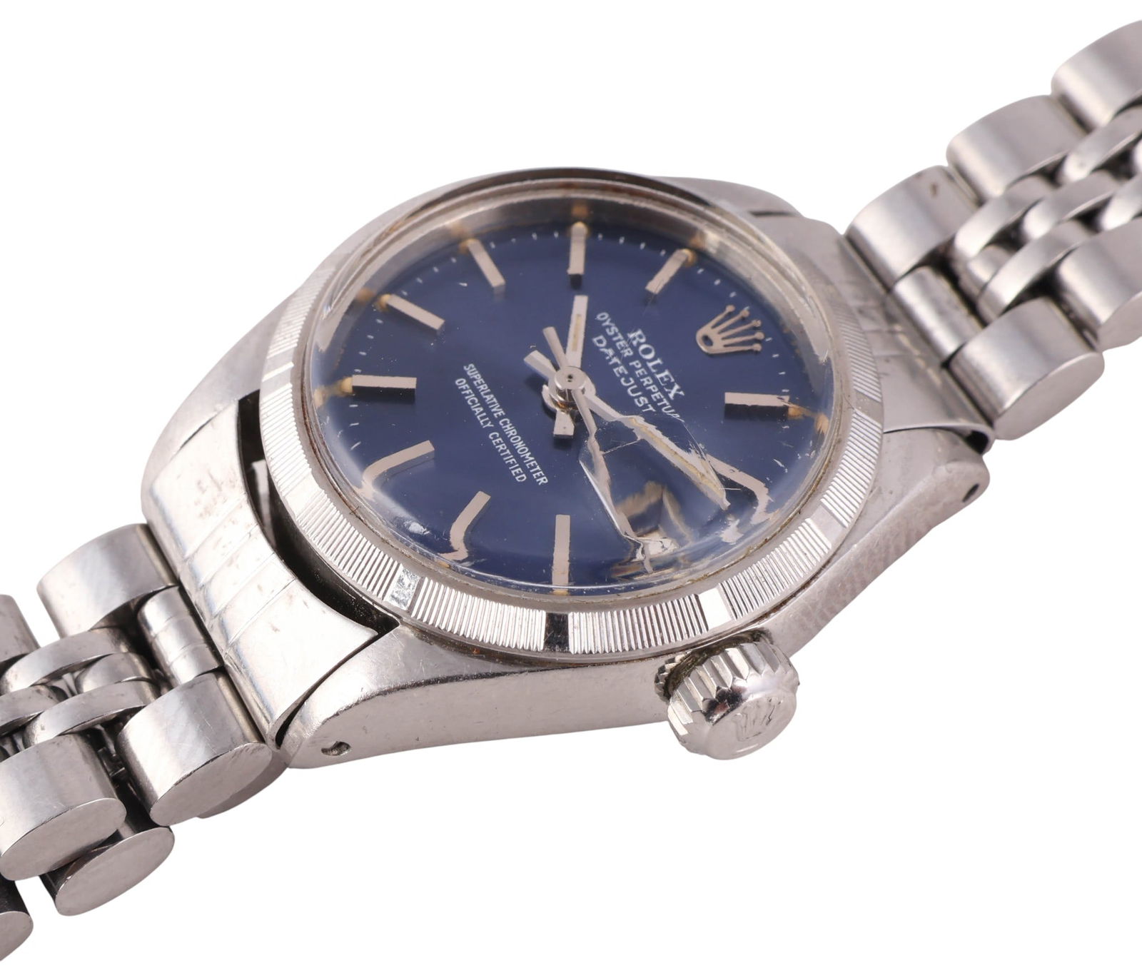Rolex Date Blue Dial 9616 Oyster Ladies Wristwatch: Rolex Oyster Perpetual Datejust ladies' wrist watch, reference 6916, crafted in stainless steel and featuring a timeless design. The watch is fitted with a vibrant blue dial accented by baton hour mar