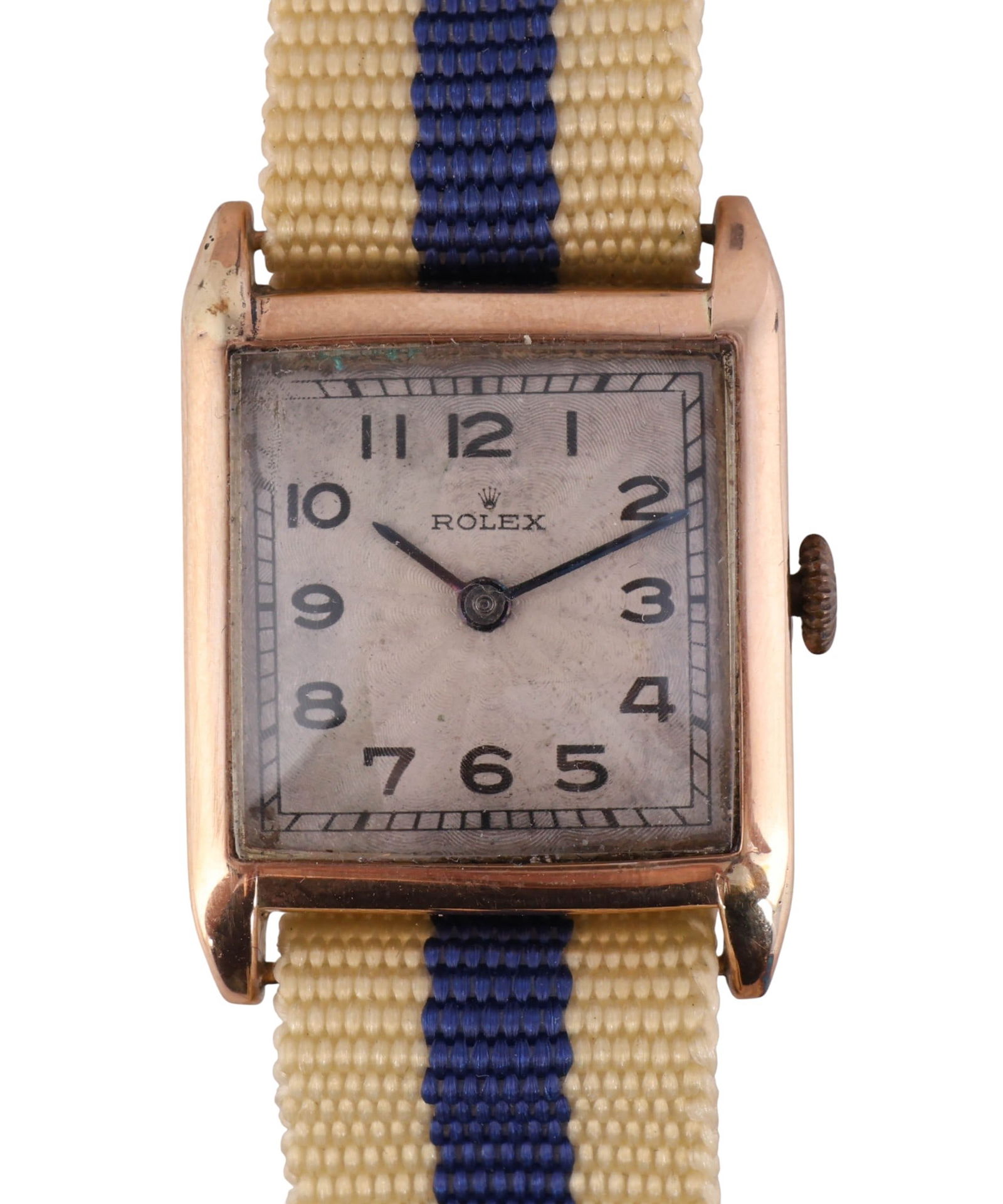 Rolex 9k Gold Vintage Square Case 25mm Wristwatch: Rolex vintage wristwatch featuring a square case crafted in solid 9 carat yellow gold. The dial is decorated with an intricate guilloche texture and displays black printed Arabic numerals along with b